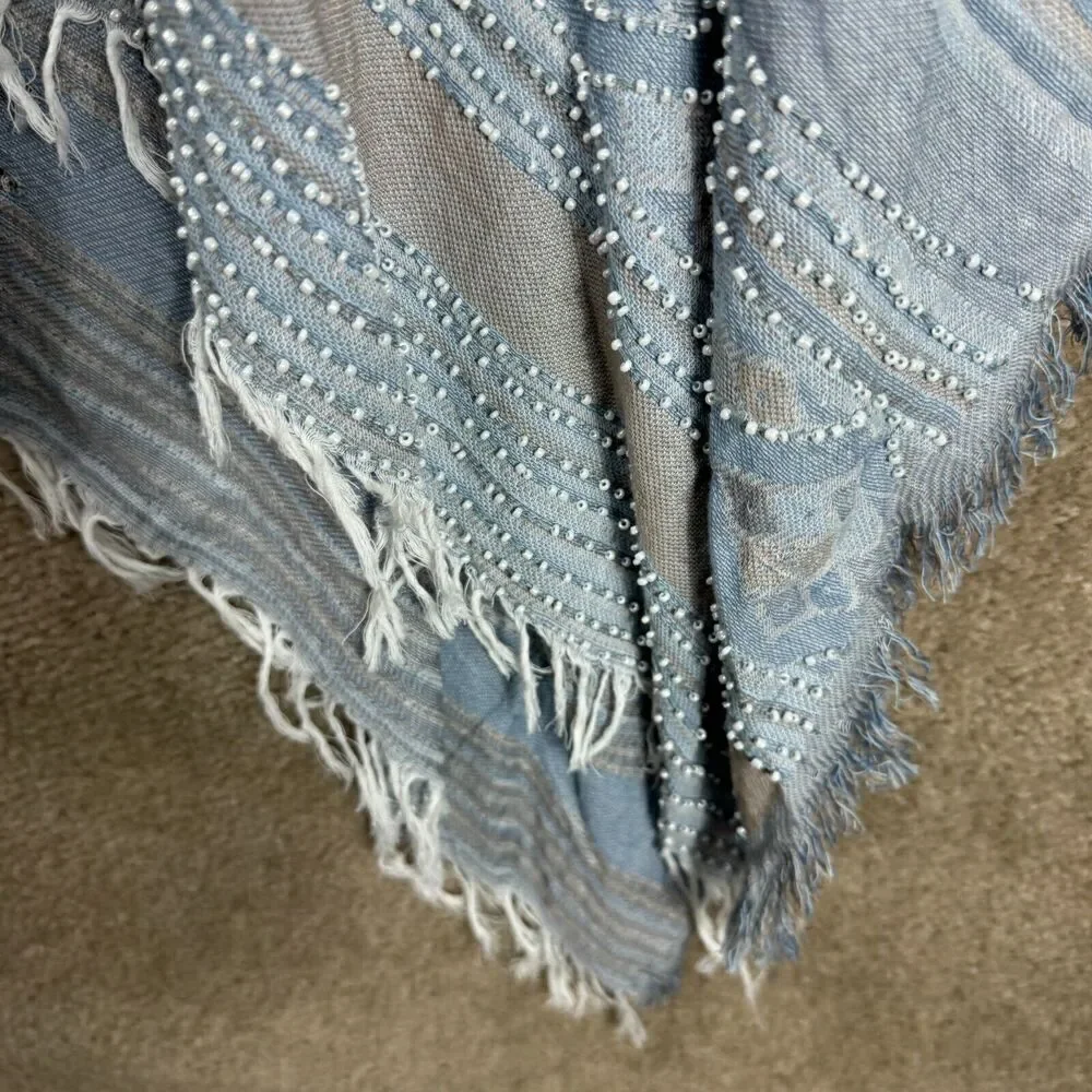 Anthropologie Shawl Wrap‎ Women’s OS Blue Boho Kimono Open Front Fringe